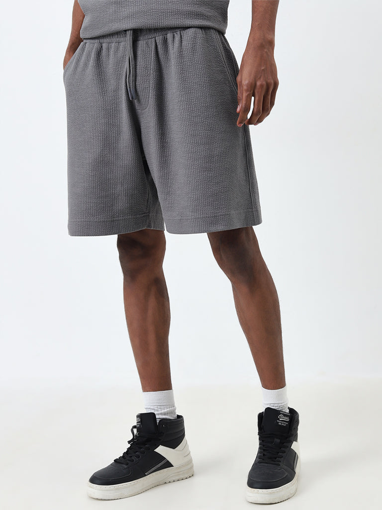 Studiofit Grey Textured Relaxed-Fit Mid-Rise Shorts