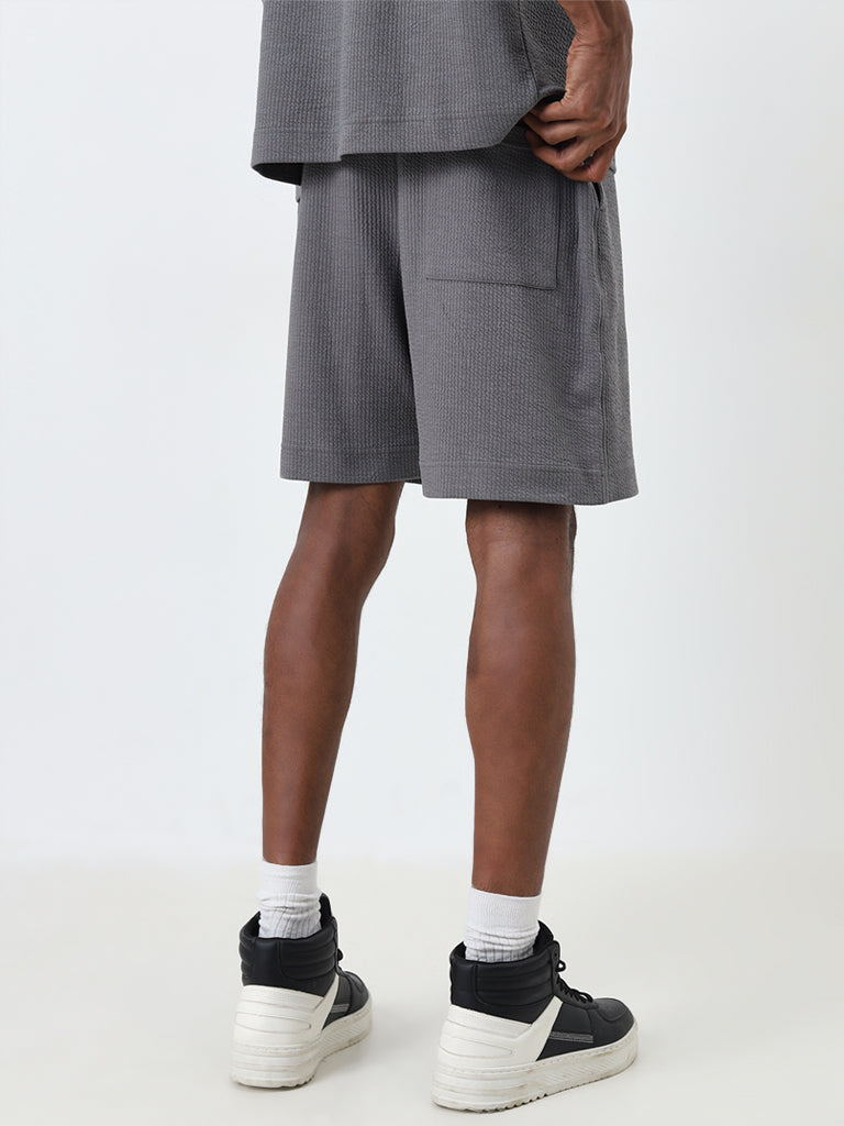 Studiofit Grey Textured Relaxed-Fit Mid-Rise Shorts