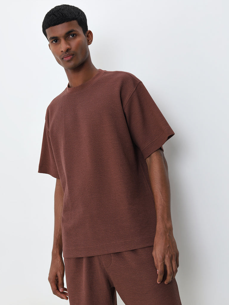 Studiofit Brown Textured Relaxed-Fit T-Shirt