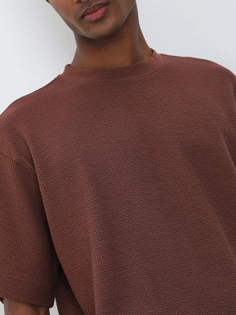 Studiofit Brown Textured Relaxed-Fit T-Shirt