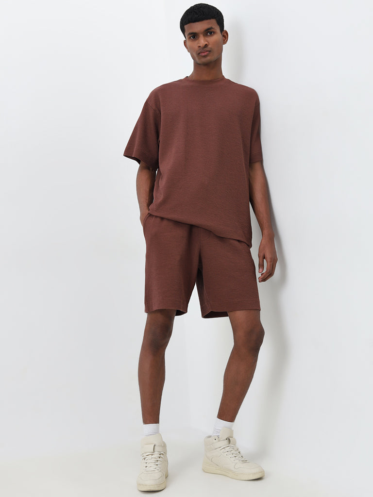 Studiofit Brown Textured Relaxed-Fit T-Shirt