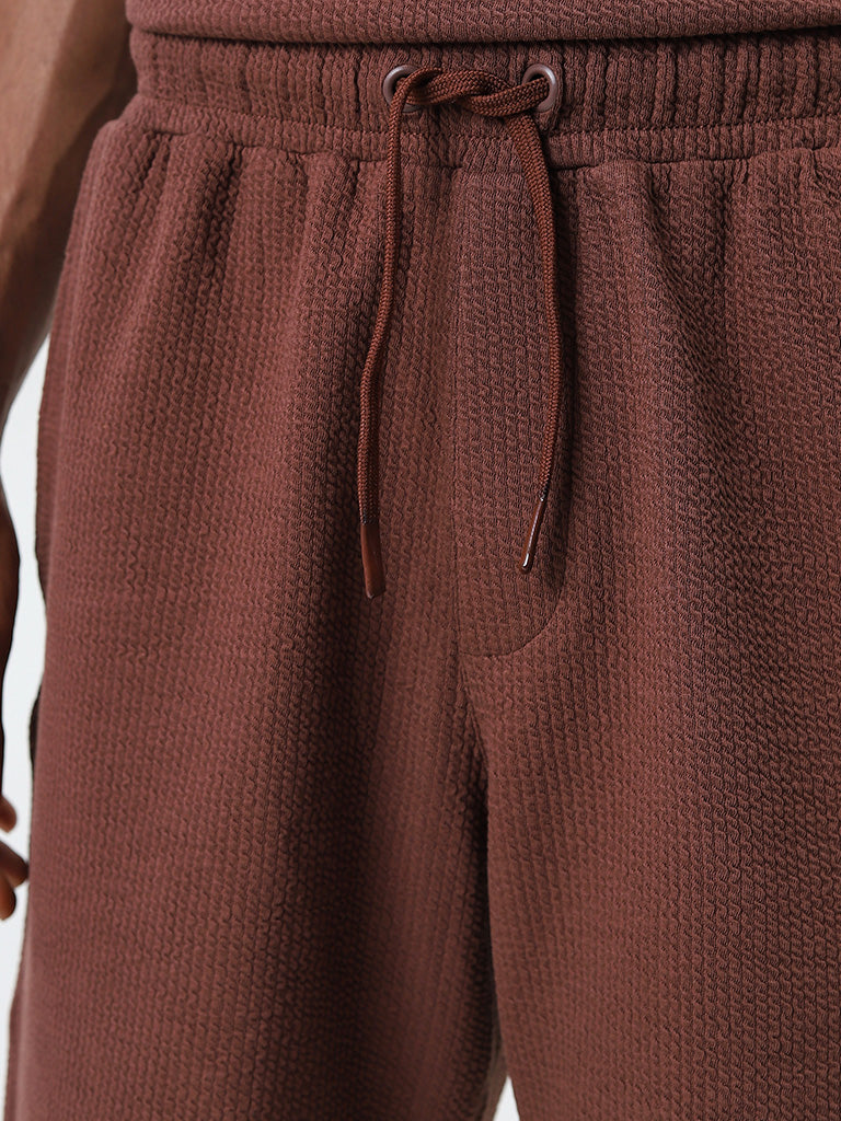 Studiofit Brown Textured Relaxed-Fit Mid-Rise Shorts