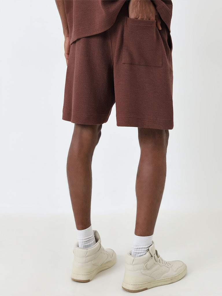 Studiofit Brown Textured Relaxed-Fit Mid-Rise Shorts