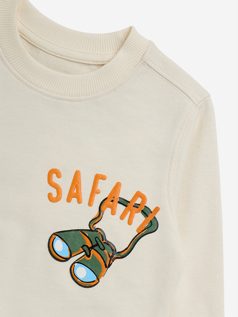 HOP Kids Beige Text Printed Sweatshirt