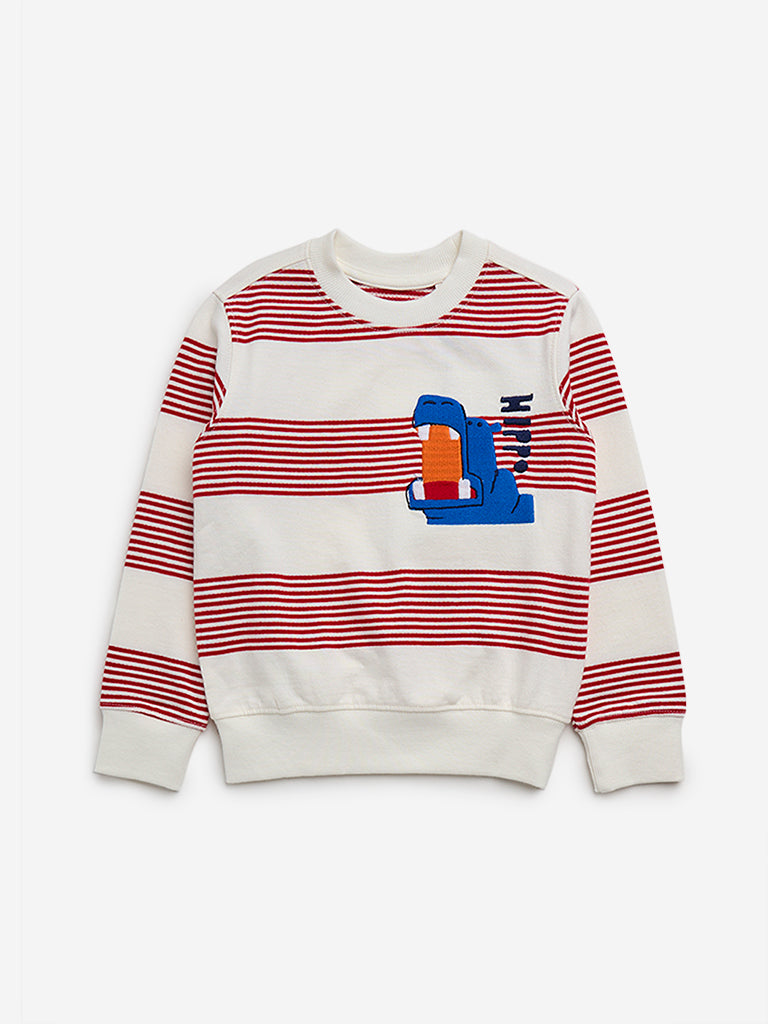 HOP Kids Red Stripe Printed Cotton Sweatshirt