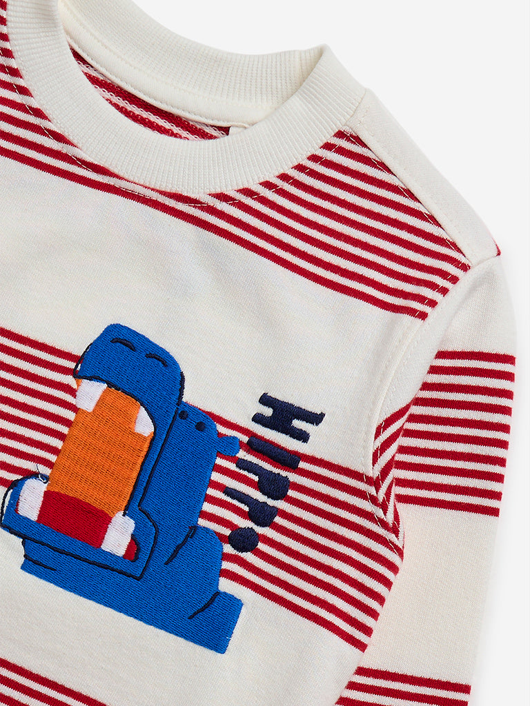 HOP Kids Red Stripe Printed Cotton Sweatshirt