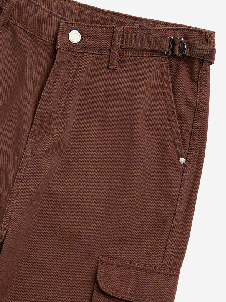 Y&F Kids Brown Cargo-Style High-Rise Cotton Trousers