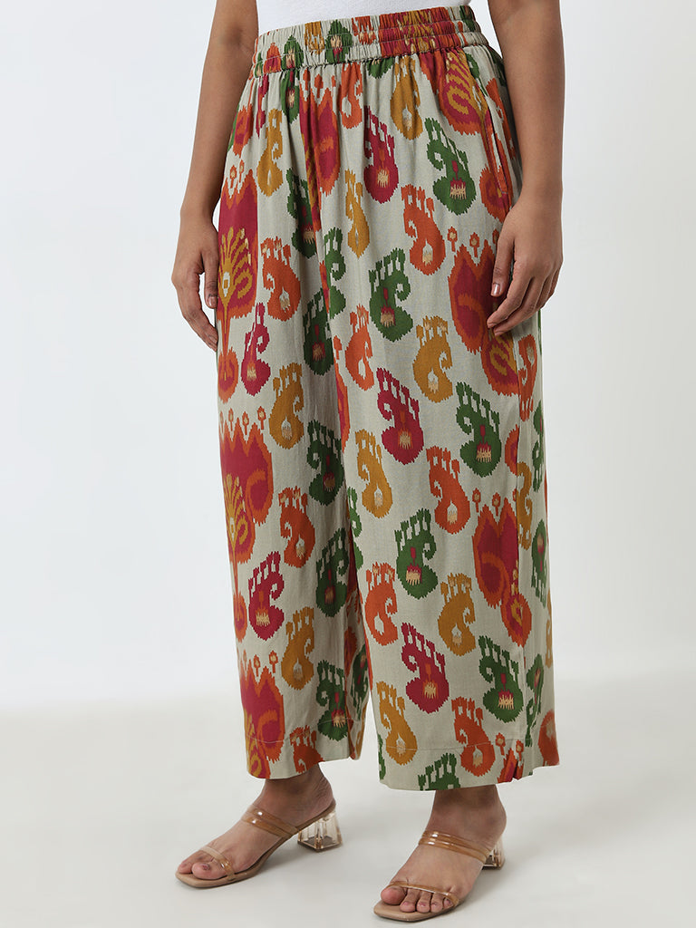 Diza Multicolour Ikat Design High-Rise Ethnic Pants