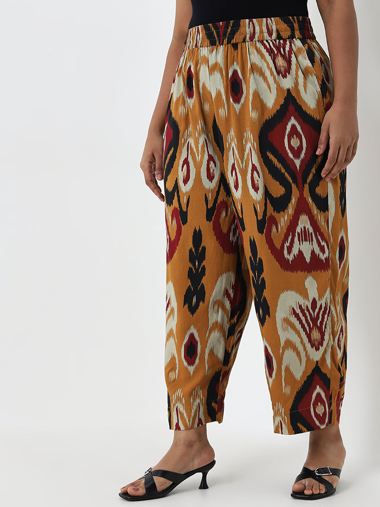 Diza Mustard Ikat Design High-Rise Ethnic Pants