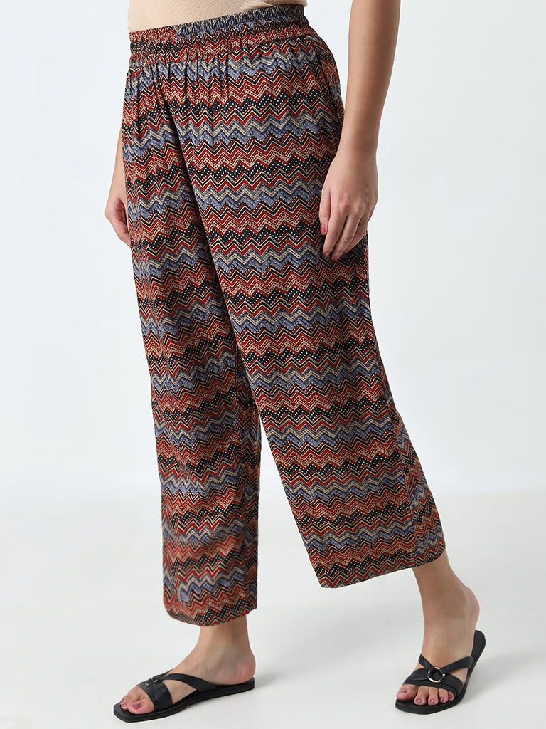 Diza Multicolour Chevron Printed High-Rise Palazzos