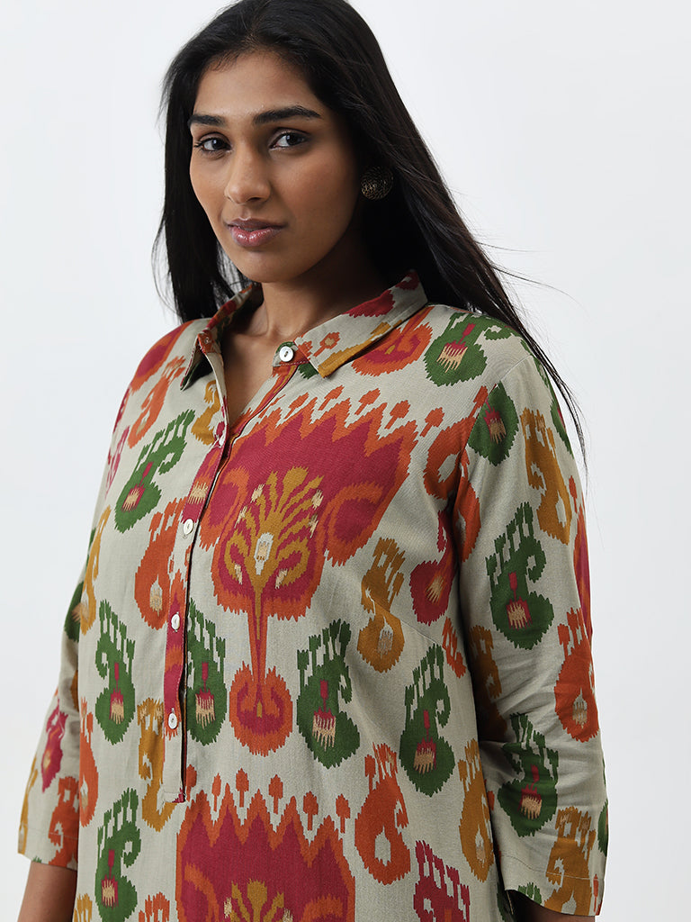 Diza Multicolour Ikat Design High-Low Kurta