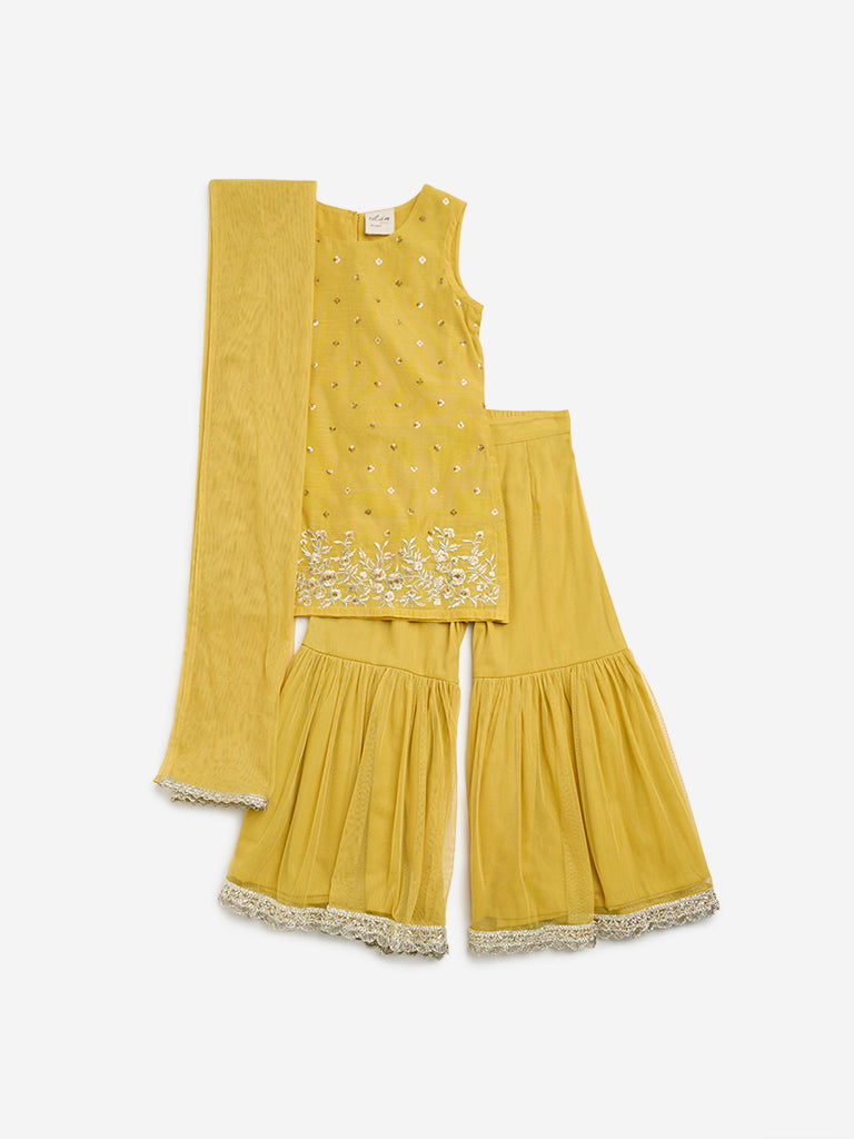 Utsa Kids Yellow Embellished Kurta, Sharara and Dupatta Set ( 2 to 8 Years)