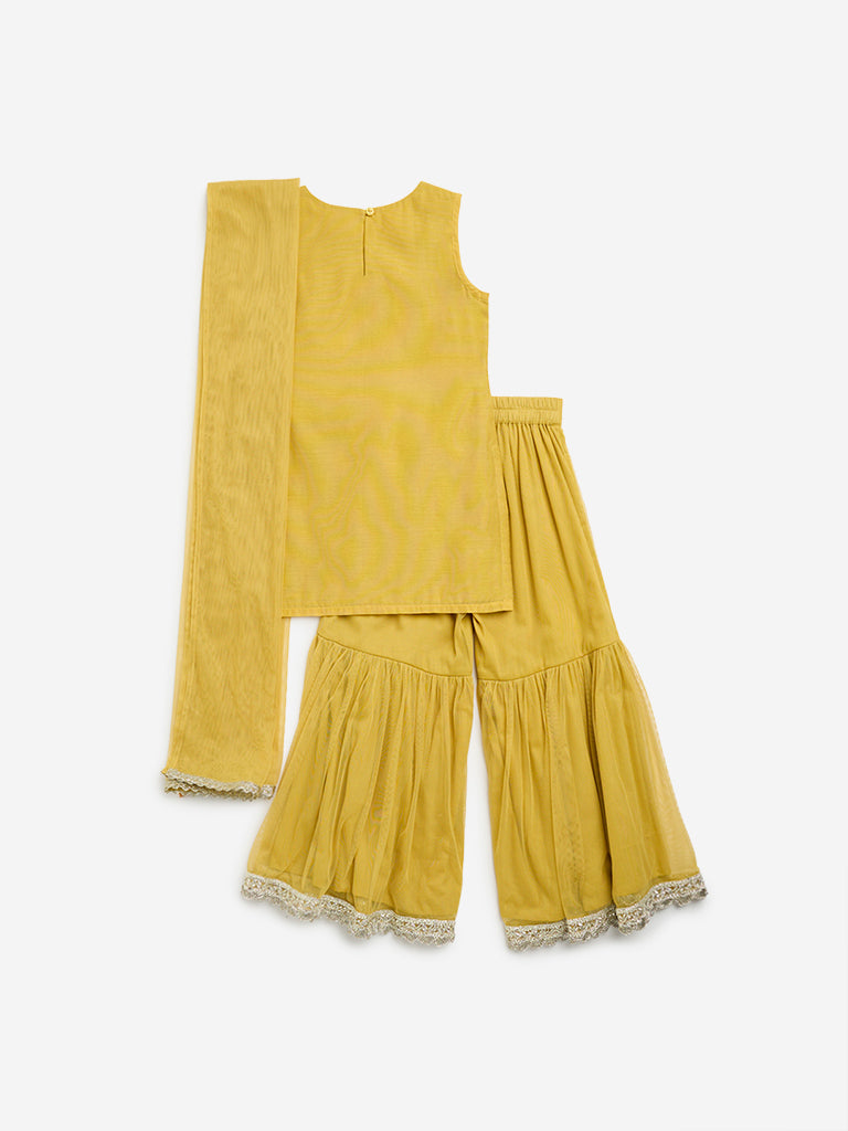 Utsa Kids Yellow Embellished Kurta, Sharara and Dupatta Set ( 2 to 8 Years)