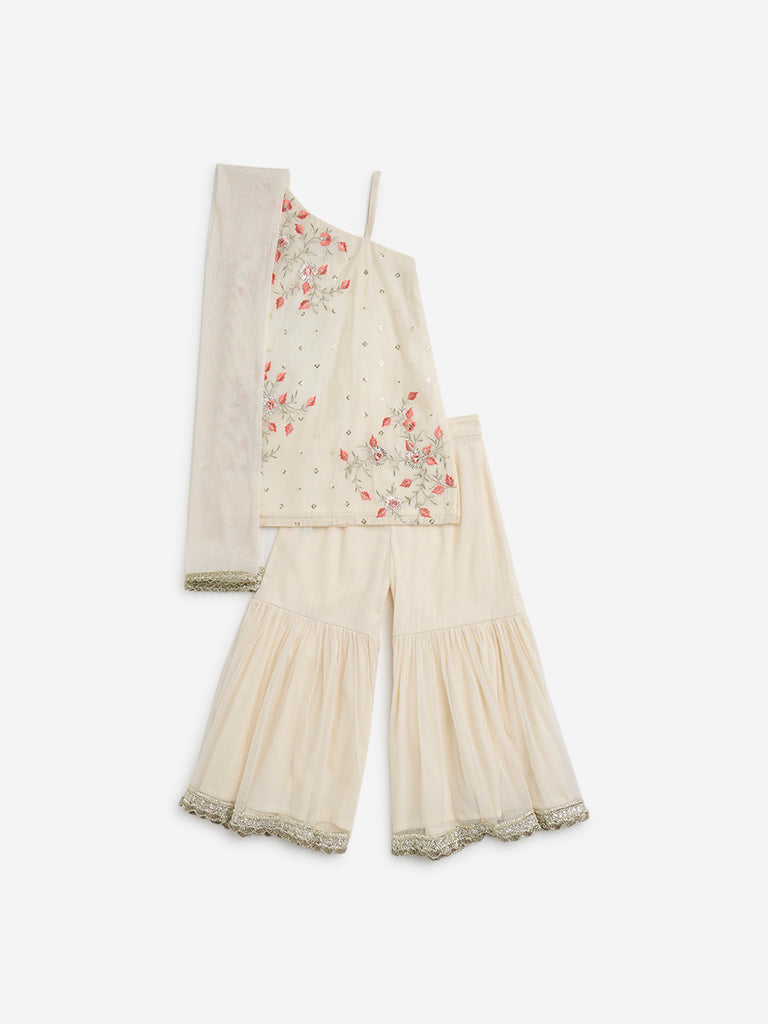 Utsa Kids Off-White Floral Embellished A-Line Kurta, Sharara and Dupatta Set (2 to 8 years)