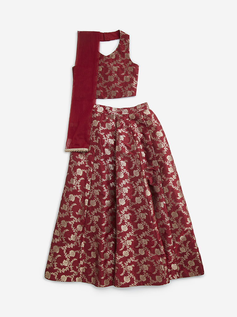 Utsa Kids Maroon Floral Design Ghagra, Choli and Dupatta Set - (8 -14yrs)