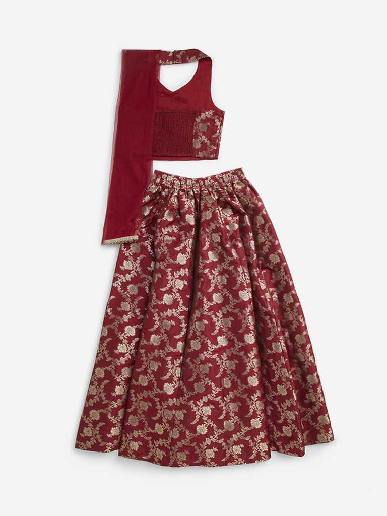 Utsa Kids Maroon Floral Design Ghagra, Choli and Dupatta Set - (8 -14yrs)