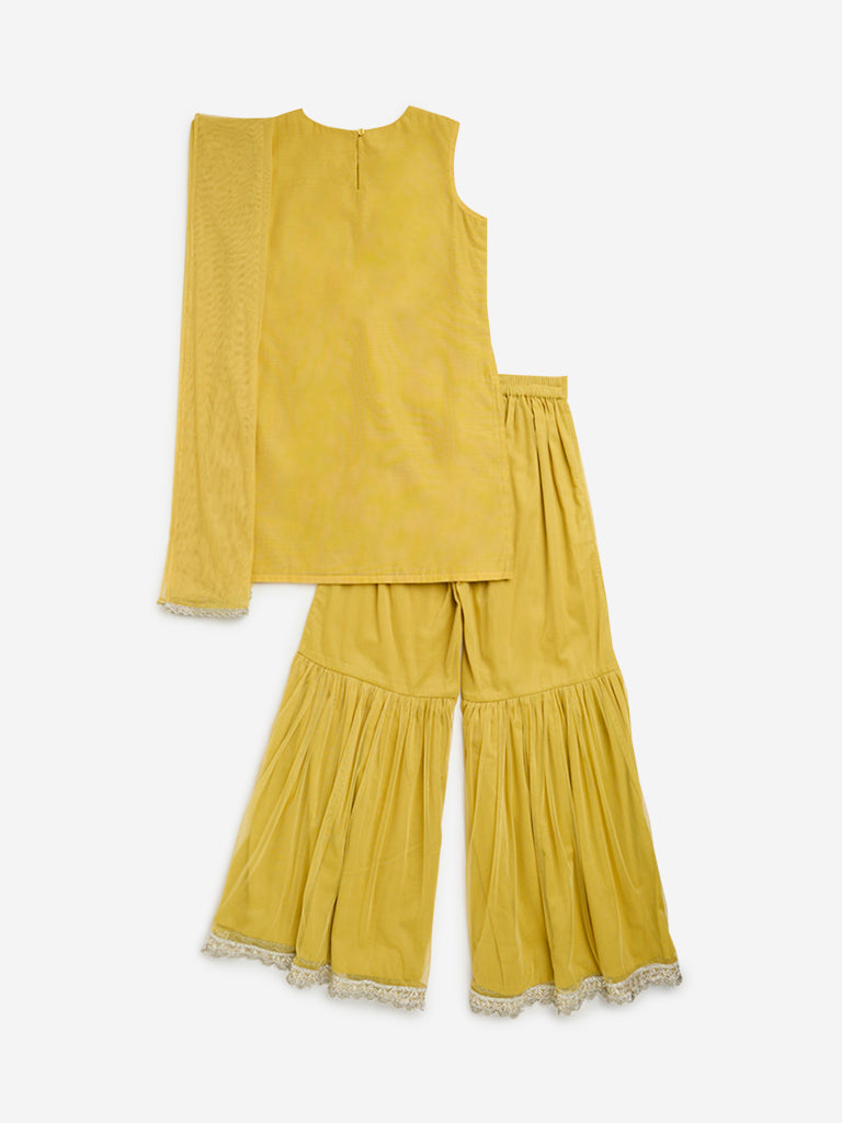 Utsa Kids Yellow Embellished Kurta, Sharara and Dupatta Set - (8 -14yrs)