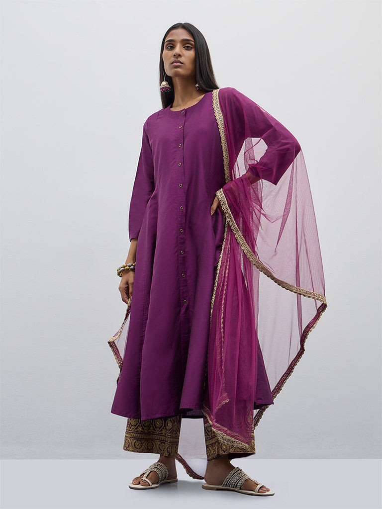 Vark Purple Solid A-Line Kurta, Pants and Dupatta Set