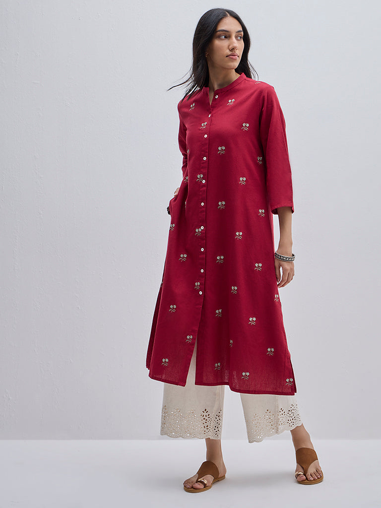 Utsa Maroon Floral Embroidered A-Line Kurta