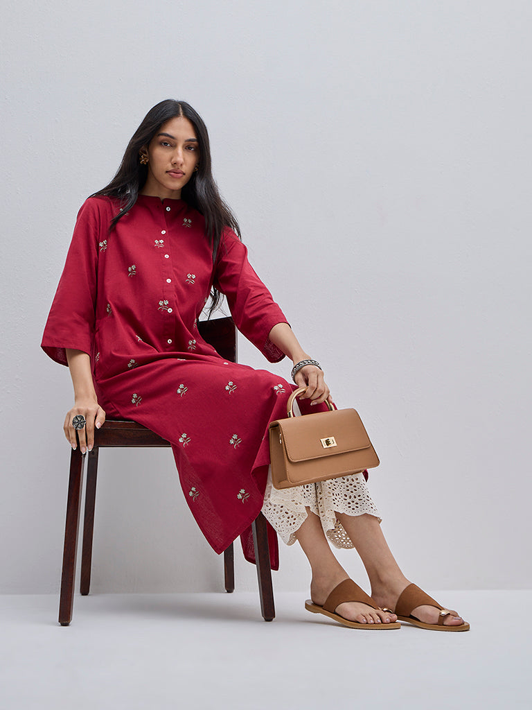 Utsa Maroon Floral Embroidered A-Line Kurta