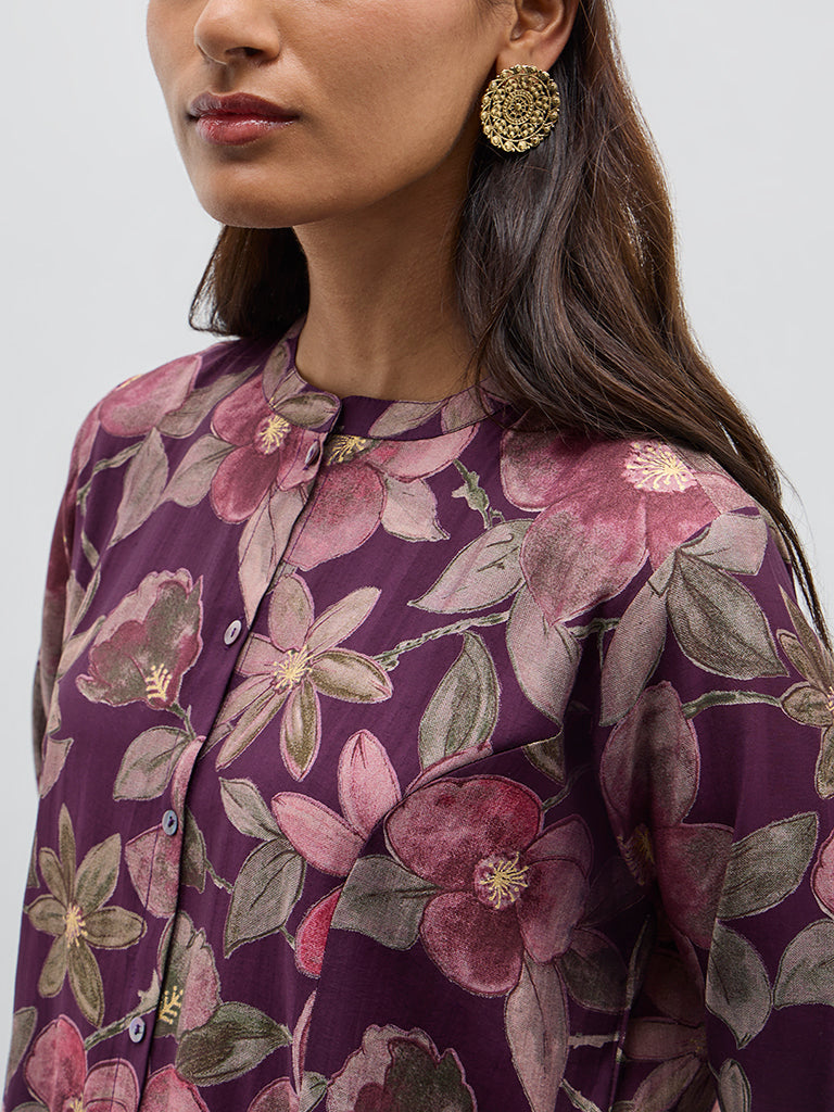 Utsa Purple Floral Design A-Line Kurta