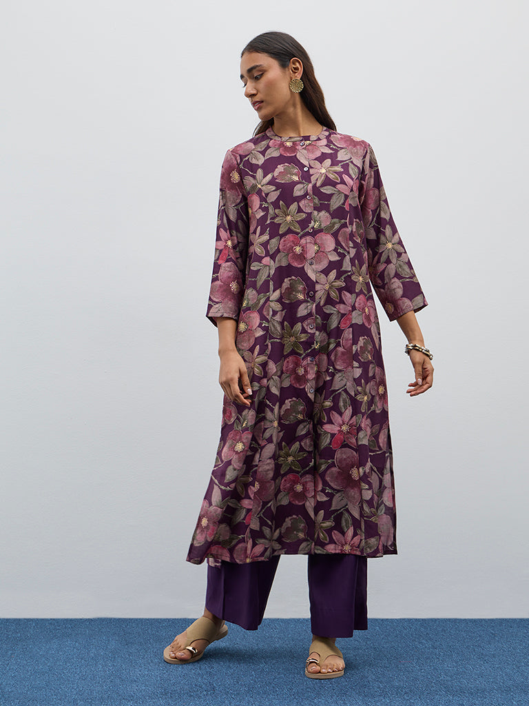 Utsa Purple Floral Design A-Line Kurta