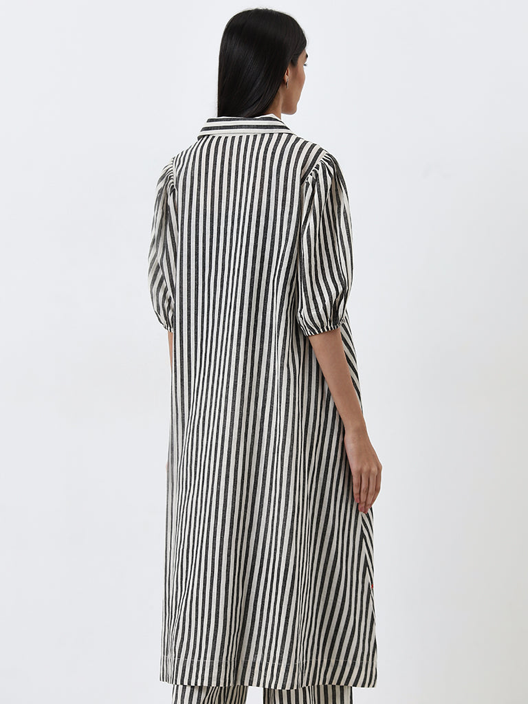 Utsa Black Stripe Printed A-Line Cotton Kurta