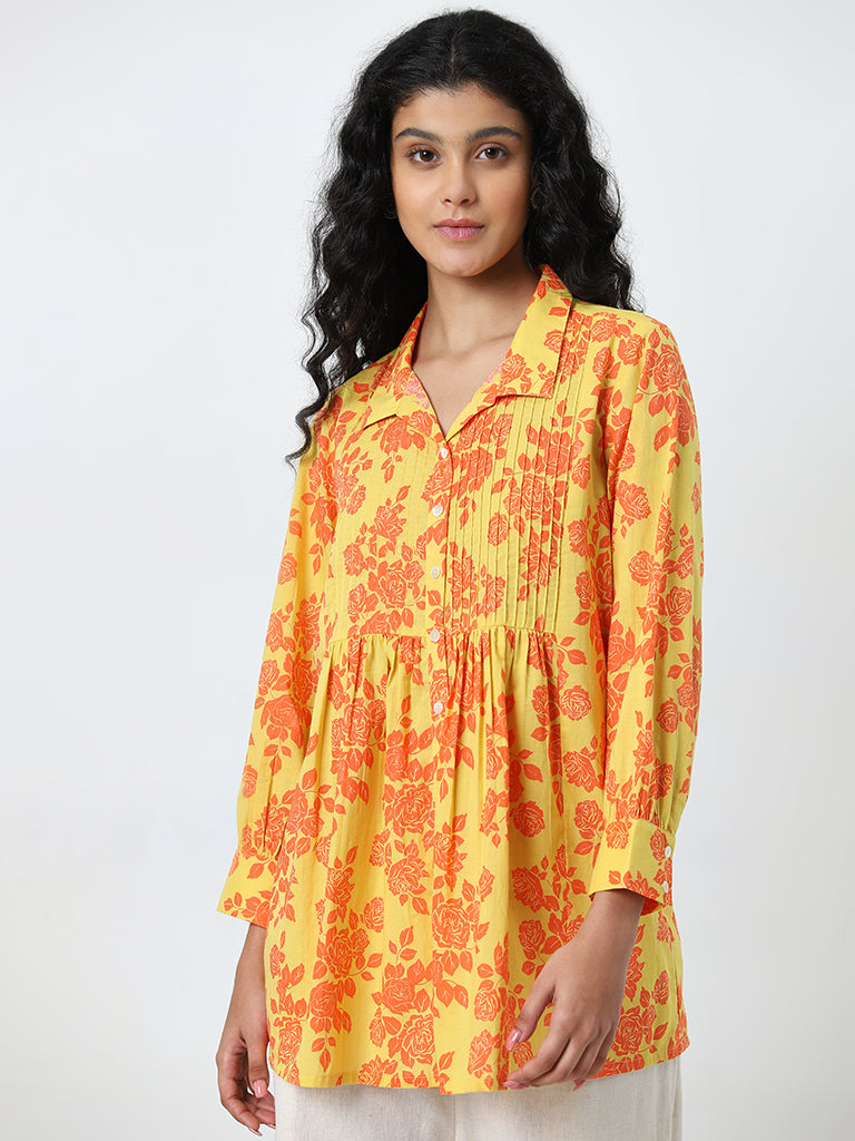 Utsa Yellow Rose Design Fit-and-Flare Cotton Kurti