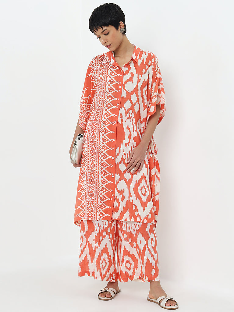 Utsa Orange Ikat Printed High-Rise Cotton Blend Palazzos