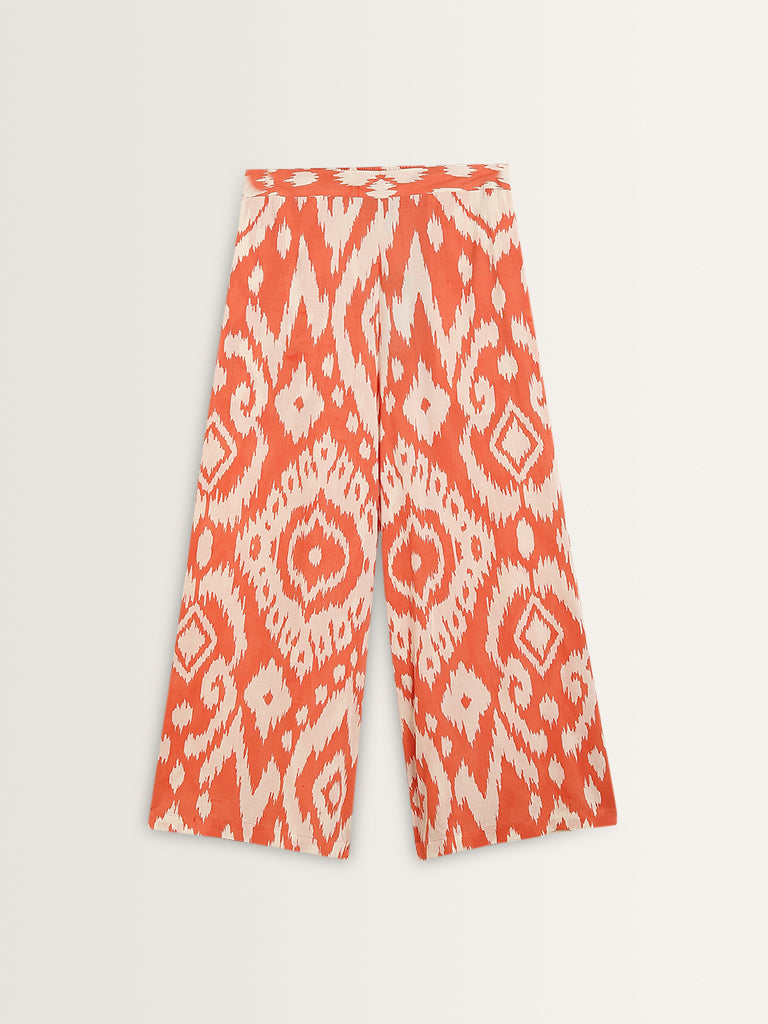 Utsa Orange Ikat Printed High-Rise Cotton Blend Palazzos