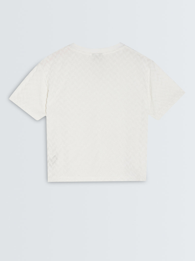 Studiofit White Self-Patterned Cotton Blend T-Shirt