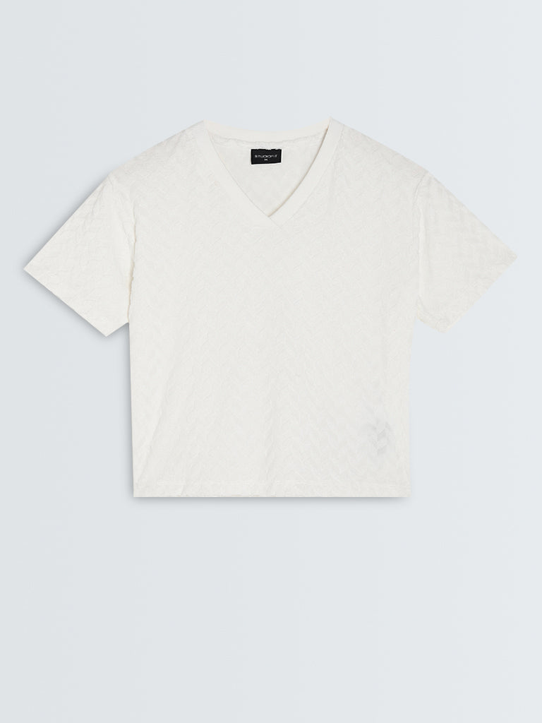 Studiofit White Self-Patterned Cotton Blend T-Shirt