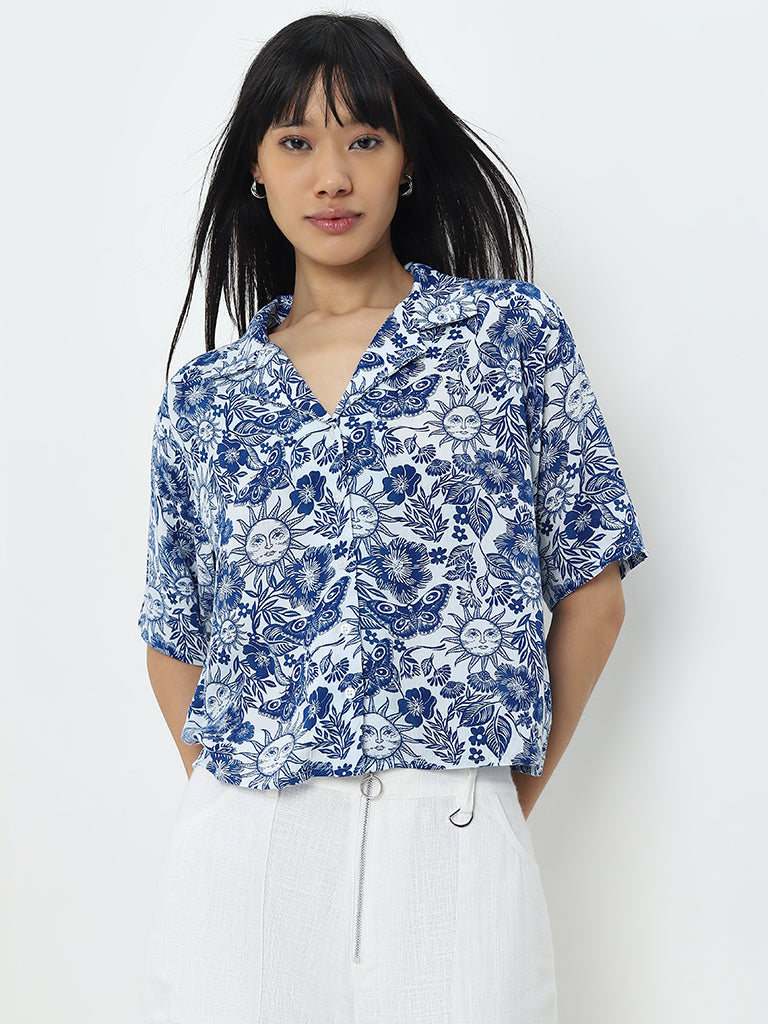 Nuon Blue Nature Inspired Relaxed-Fit Cotton Shirt