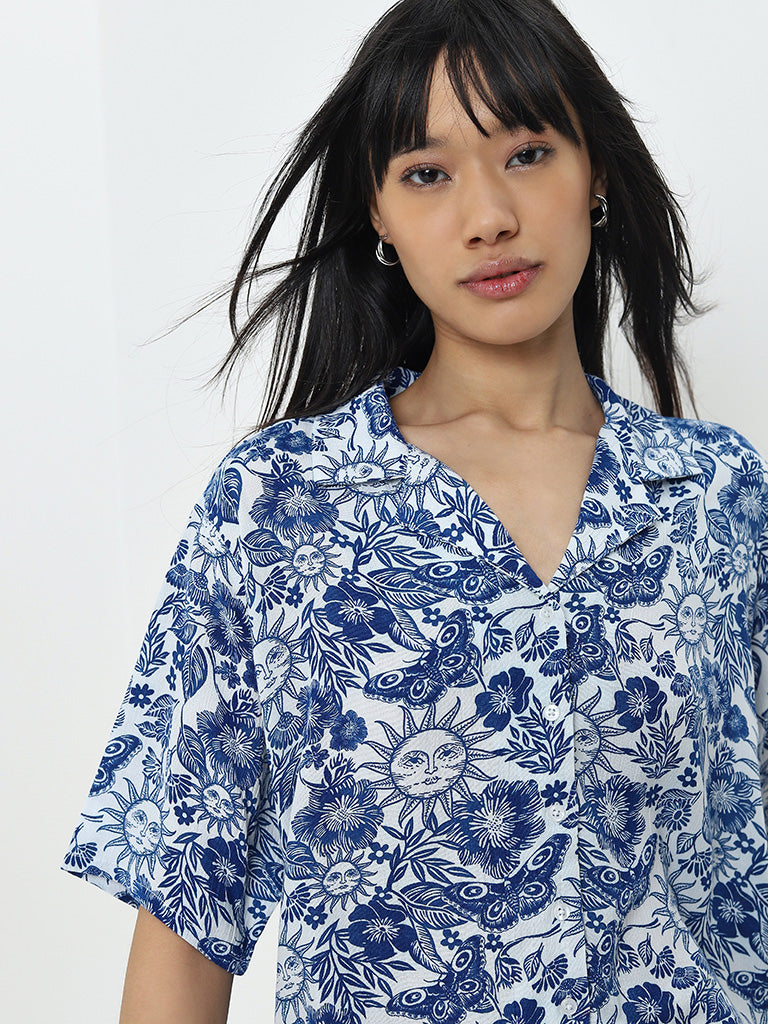 Nuon Blue Nature Inspired Relaxed-Fit Cotton Shirt