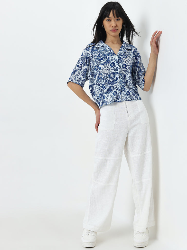 Nuon Blue Nature Inspired Relaxed-Fit Cotton Shirt