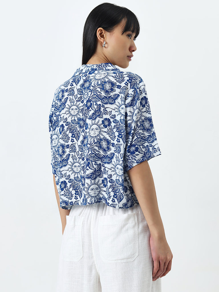 Nuon Blue Nature Inspired Relaxed-Fit Cotton Shirt