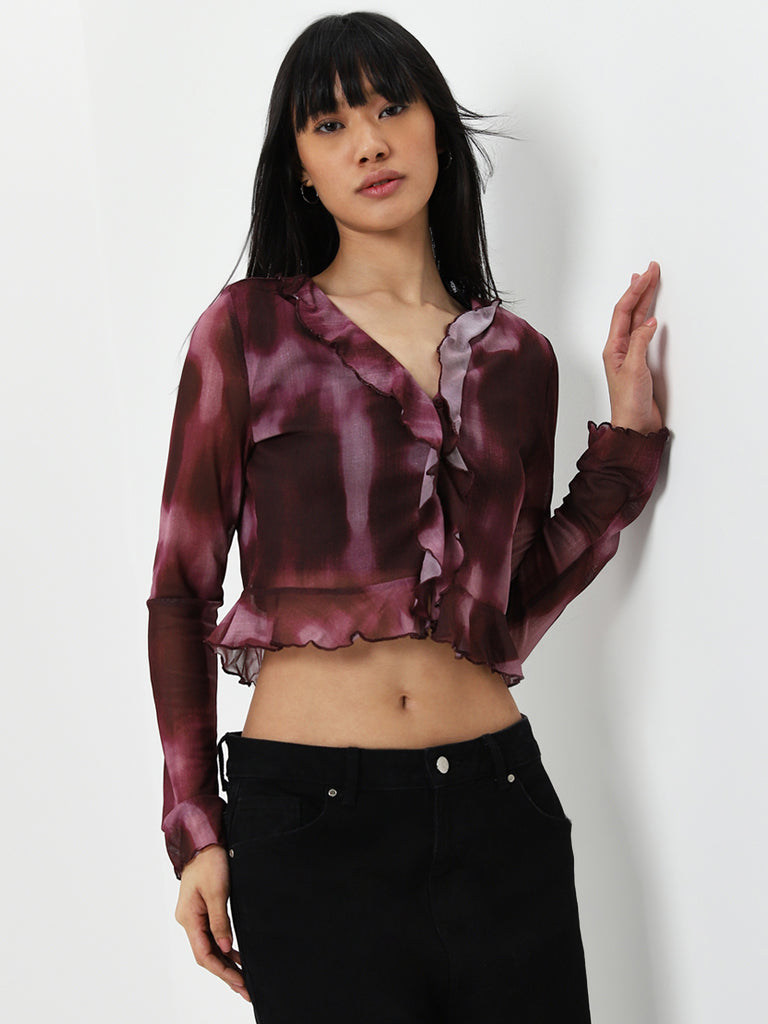 Nuon Wine Ruffled Mesh Top