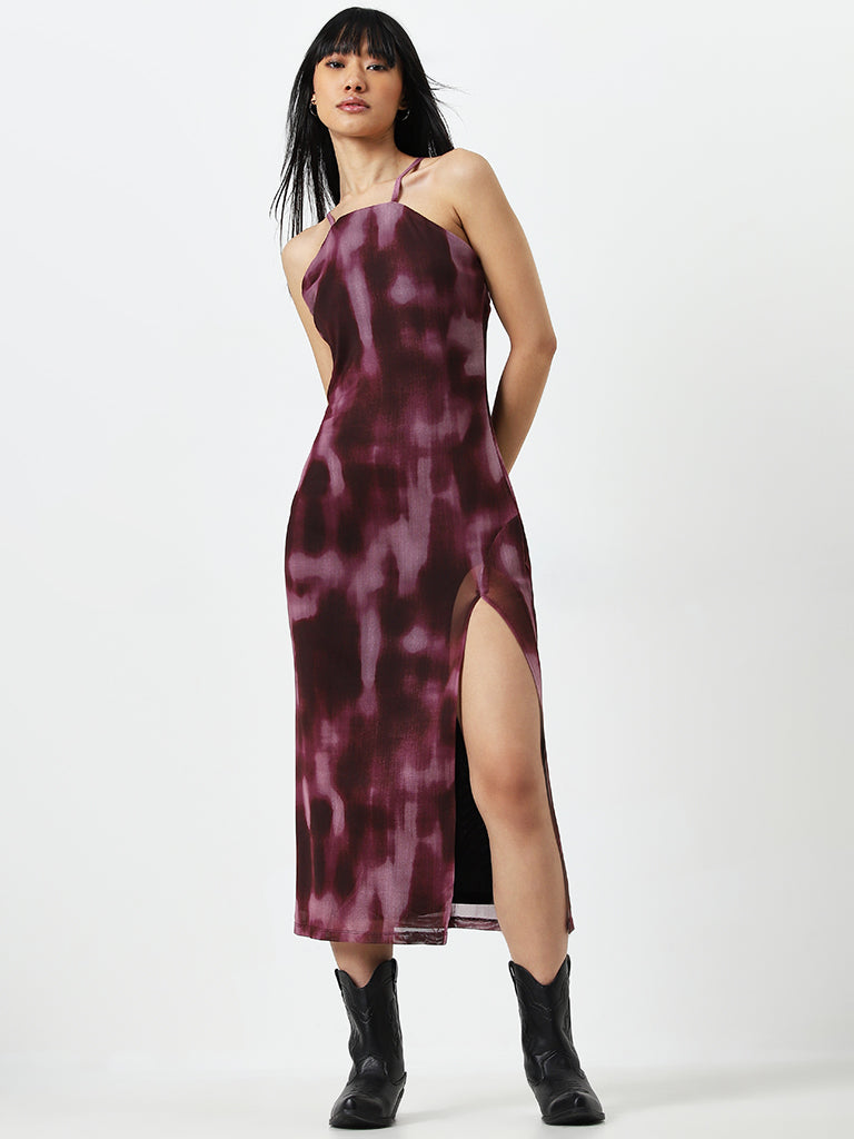 Nuon Wine Bodycon Mesh Detailed Dress