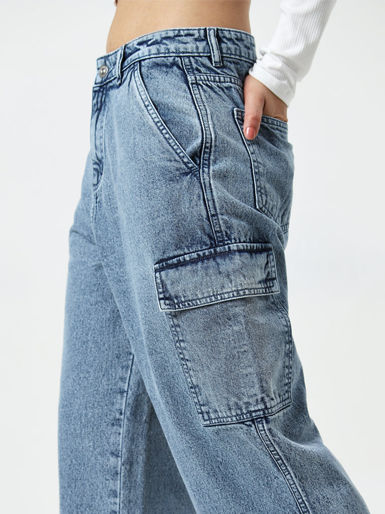 Nuon Blue Cargo-Style Straight - Fit High - Rise Jeans