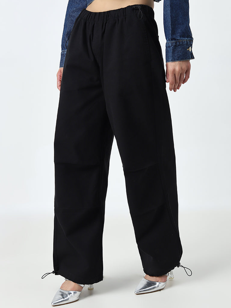 Nuon Black Wide Leg-Fit Mid-Rise Parachute Pants