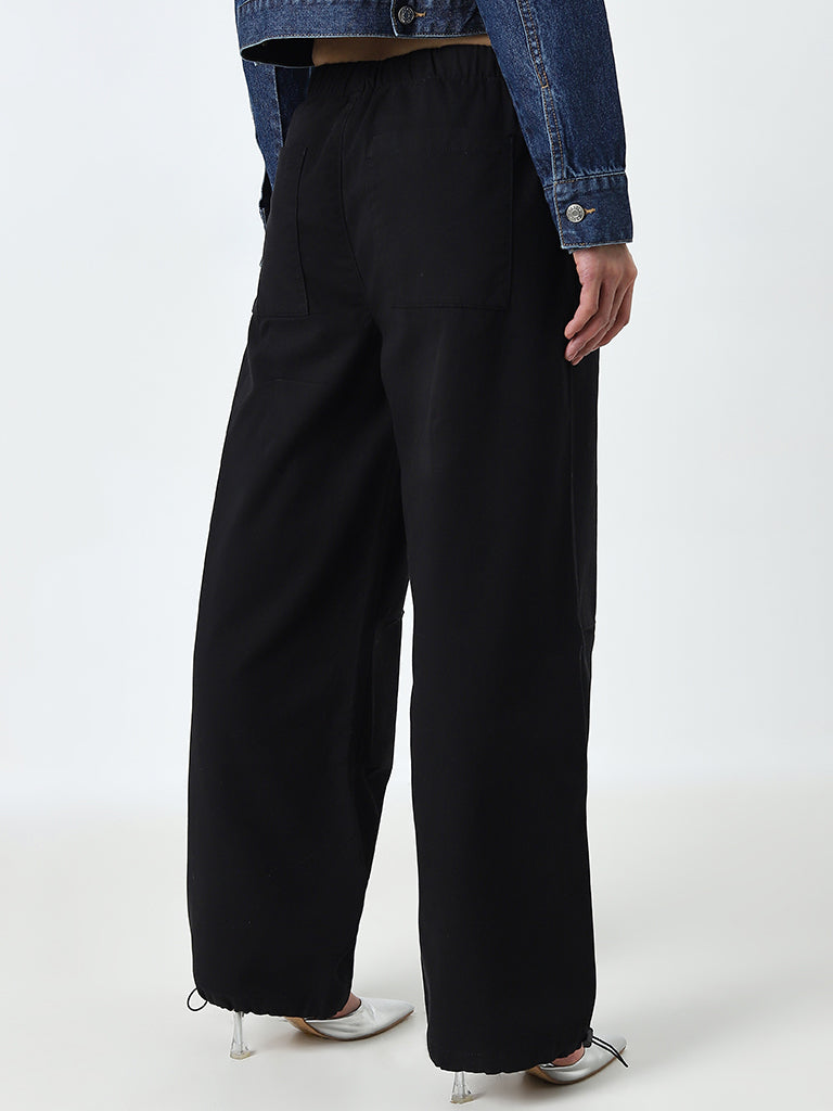 Nuon Black Wide Leg-Fit Mid-Rise Parachute Pants