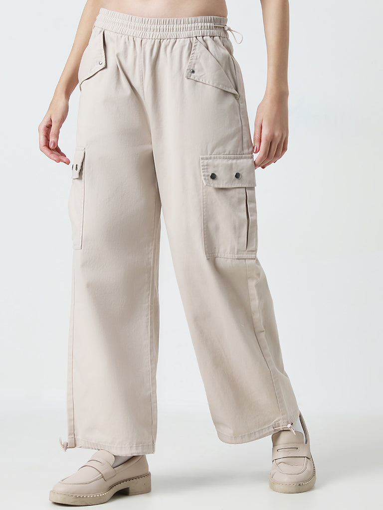 Nuon Beige Cargo-Style Straight-Fit Mid-Rise Jeans