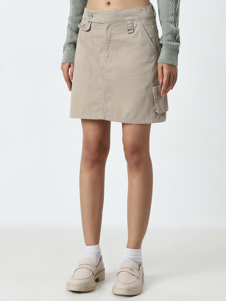 Nuon Beige Mid-Rise Denim Skirt