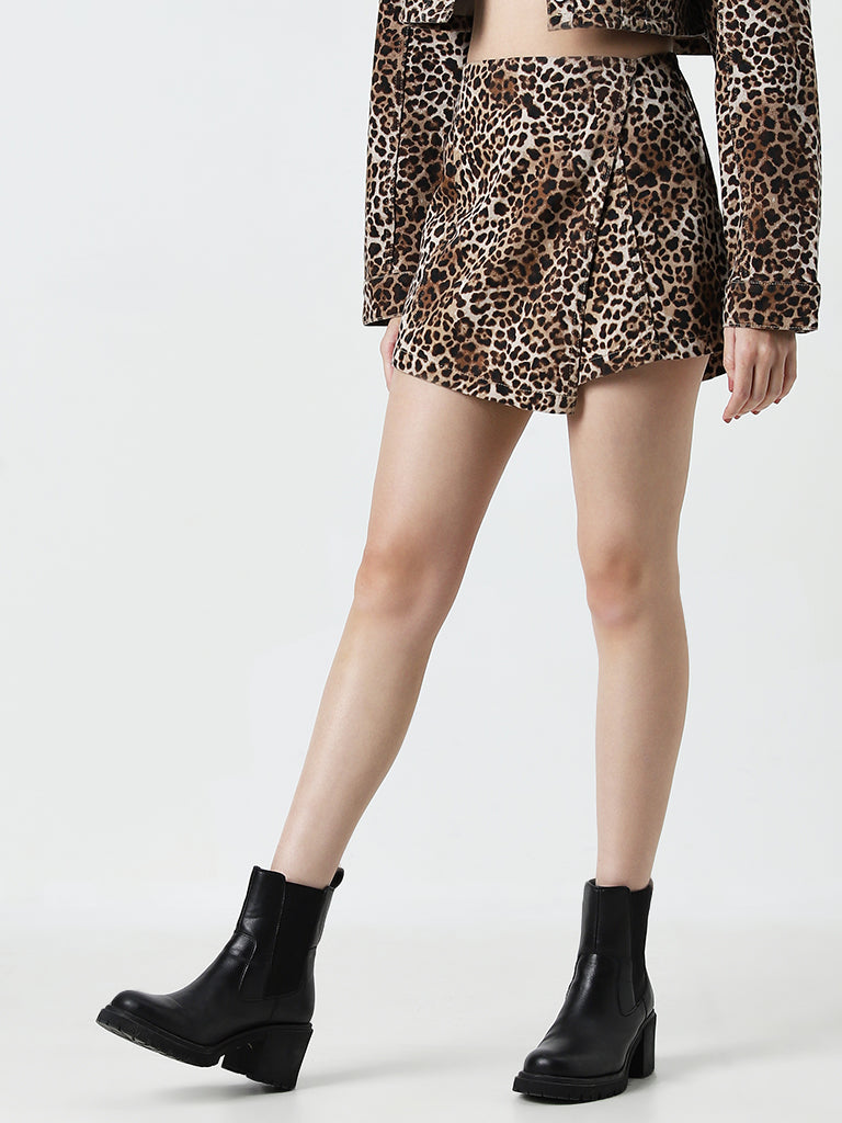 Nuon Brown Animal Printed High-Rise Cotton Skort