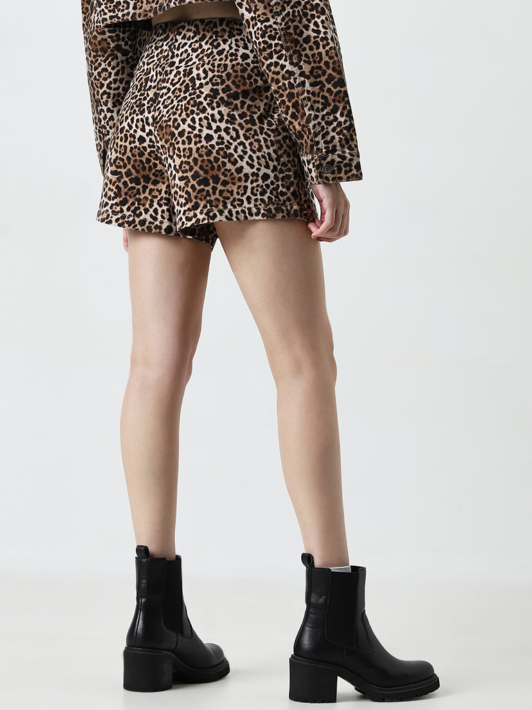 Nuon Brown Animal Printed High-Rise Cotton Skort