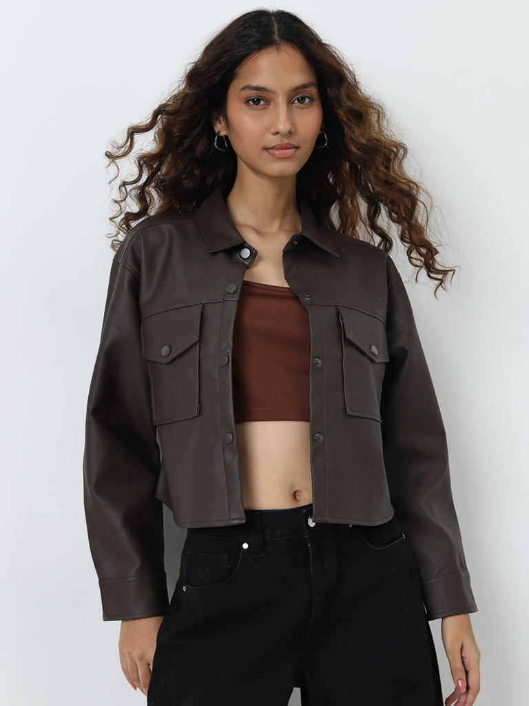 Nuon Dark Brown Faux-Leather Jacket