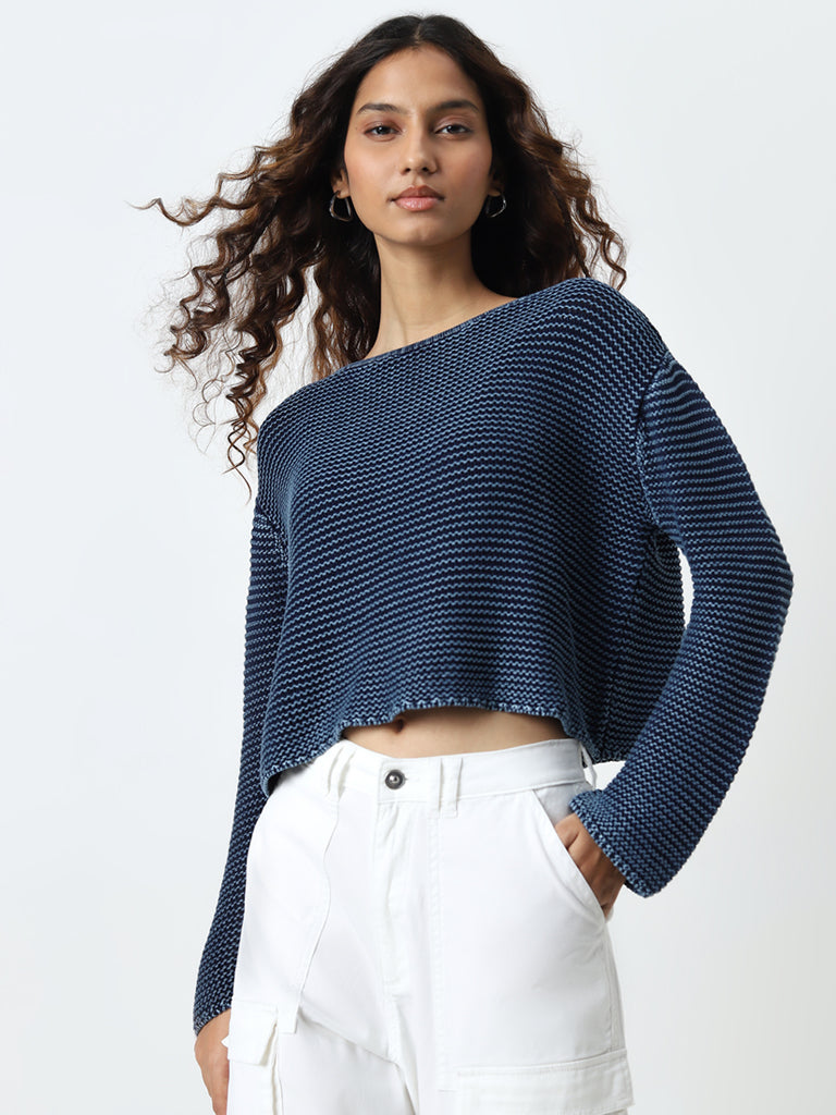 Nuon Peacock Blue Crocheted Cotton Sweater