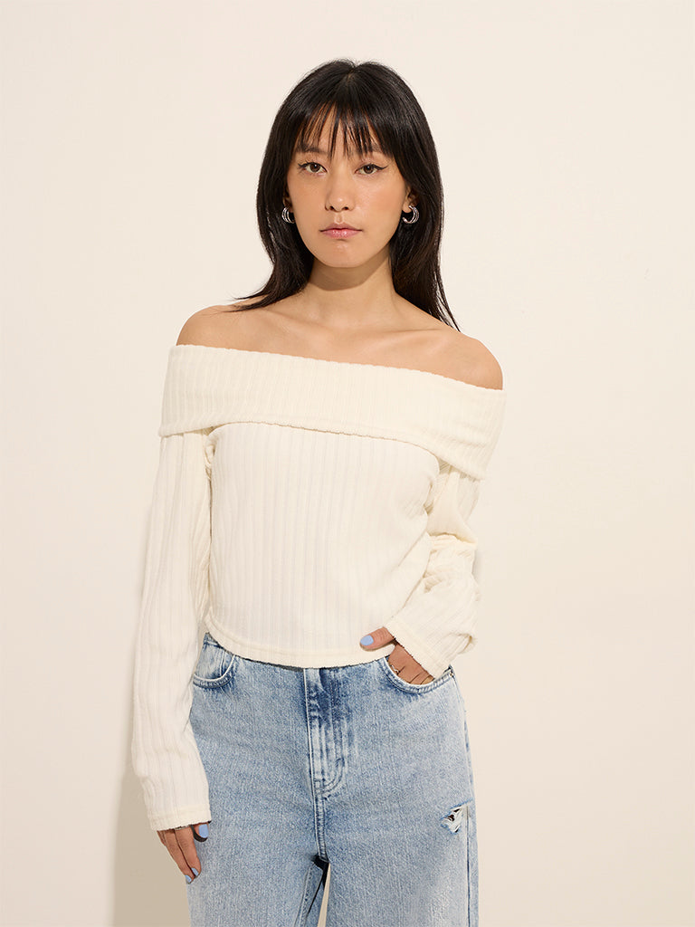 Nuon White Self-Striped Off-Shoulder Top