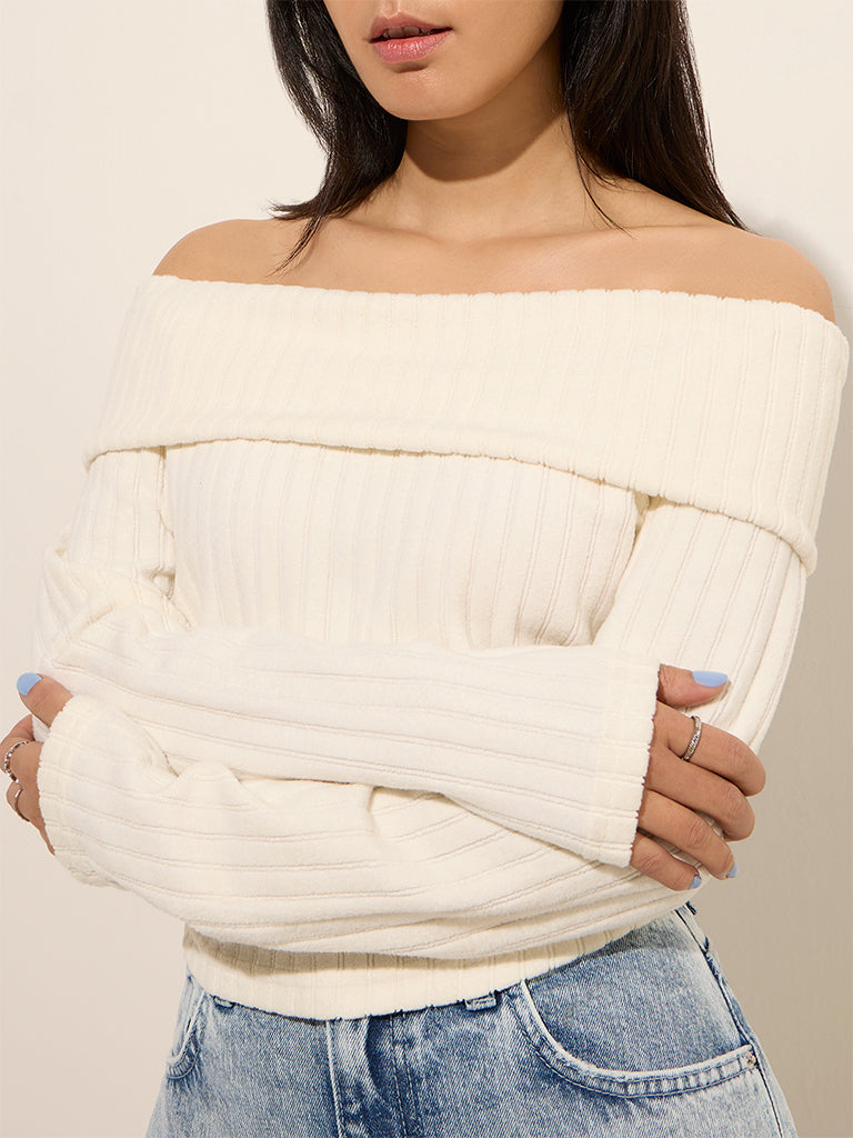 Nuon White Self-Striped Off-Shoulder Top