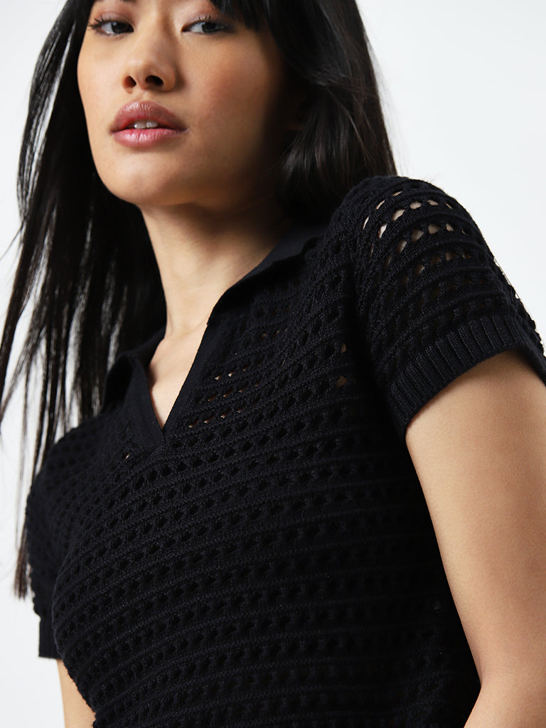 Nuon Black Crochet Detailed Cotton Top